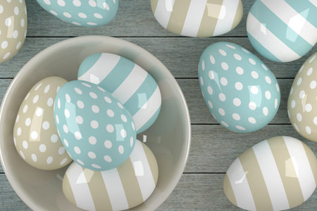 3d rustic Easter eggs lying on wooden desk