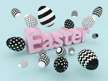 3d  Easter shiny text with black and white eggs