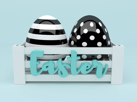 3d elegant black and white Easter eggs in wooden boxの写真素材