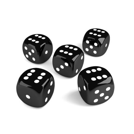 3d game black dices isolated on white backgroundの写真素材