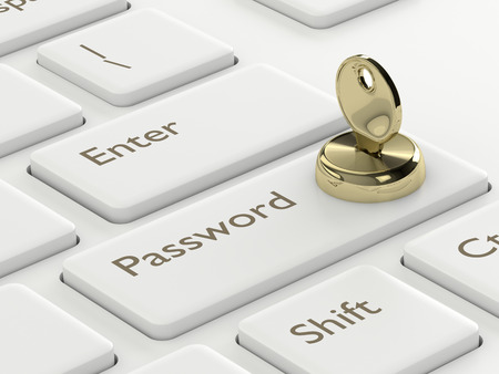 3d rendered keyboard with key in the lock. Privacy concept.の写真素材