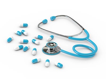 3d rendered stethoscope with pills isolated over white backgroundの写真素材