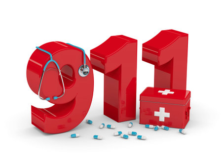 3d rendered 911 number with stethoscope, pills and first aid kit isolated over white background