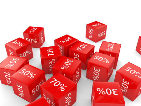 3D rendering of cubes with discount sign over white backgroundの写真素材