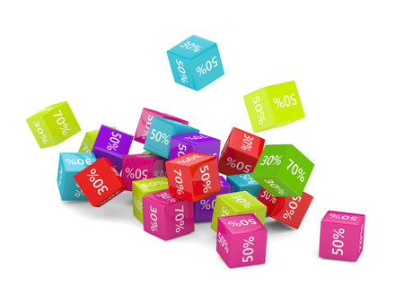 3D rendering of falling cubes with discount sign over white