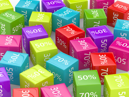 3D rendering of  colorful cubes with discount sign over white