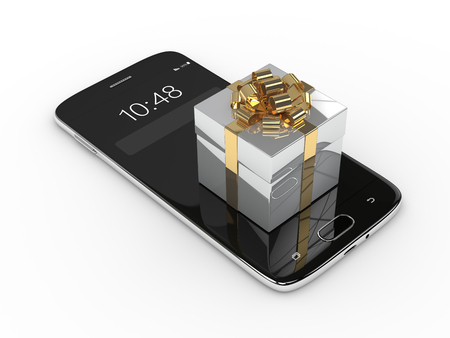 3d rendering of smartphone with gift box isolated over white backgroundの写真素材
