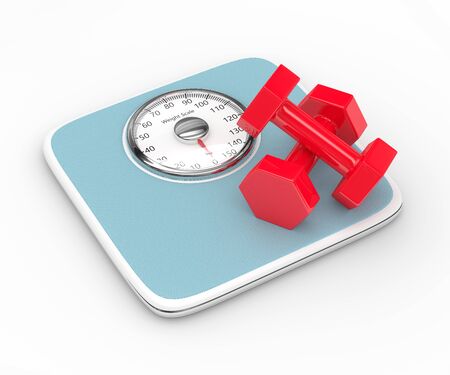 3d rendering of weight scale and dumbbells isolated over white backgroundの写真素材