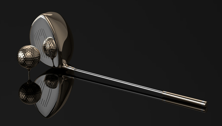 3d render of golf ball with golf club over dark glossy backgroundの写真素材
