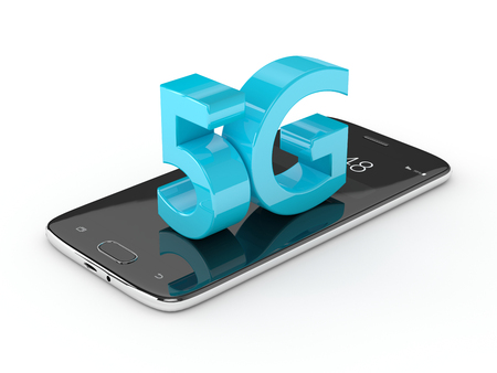 3D render of 5G sign on mobile phone isolated over white backgroundの写真素材