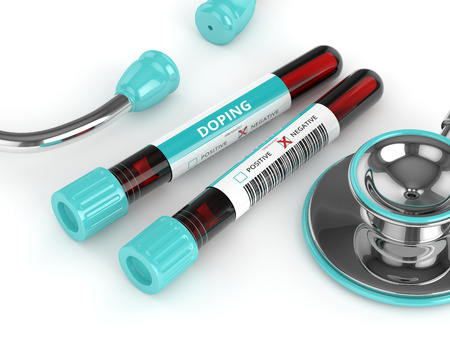 3D rendering of anti doping blood test tubes with stethoscope over whiteの写真素材