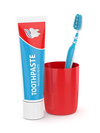 3d render of toothbrush with toothpaste and plastic cup isolated on white backgroundの写真素材