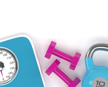 3d rendering of dumbbells, scale and kettlebell  lying on white desk with place for textの写真素材
