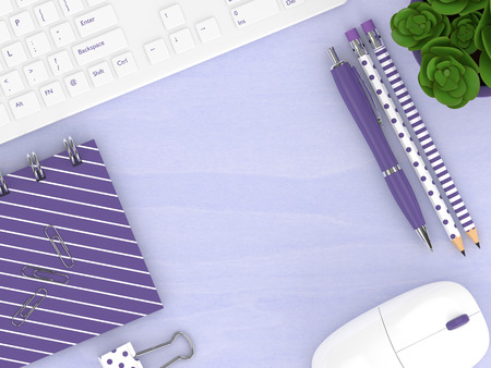 3d render of top view workspace with office tools lying on wooden desk. Empty space for text.の写真素材