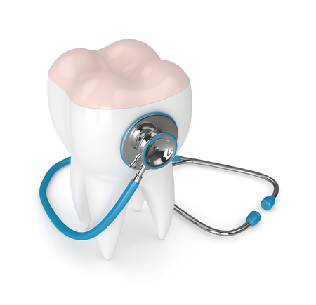 3d render of tooth with dental onlay and stethoscope isolated on white backgroundの写真素材