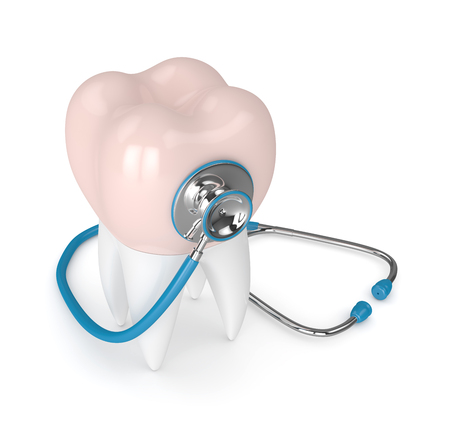 3d render of tooth with dental crown and stethoscope isolated on white backgroundの写真素材