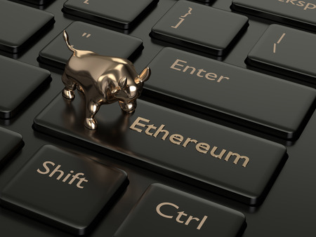 3d render of computer keyboard with ETHEREUM button and bull. Cryptocurrencies concept.の写真素材