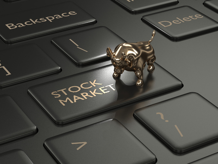 3d render of computer keyboard with stock market button and bullの写真素材