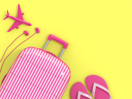 3d render of suitcase with vacation stuff over yellow background with place for textの写真素材