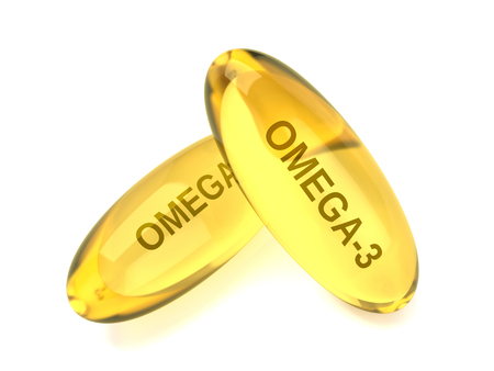 3d render of omega 3 capsules isolated over white backgroundの写真素材
