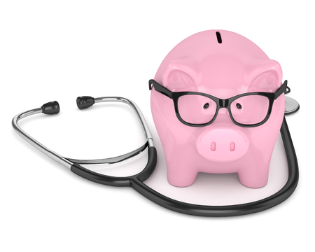 3d render of pink piggy bank with stethoscope over white backgroundの写真素材