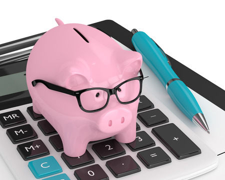 3d render of pink piggy bank with calculator. Money saving conceptの写真素材