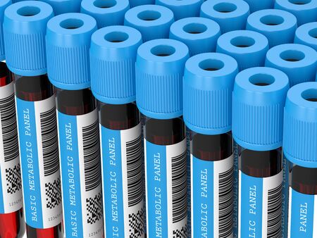 3d render of Basic Metabolic Panel blood tubes in rowの写真素材