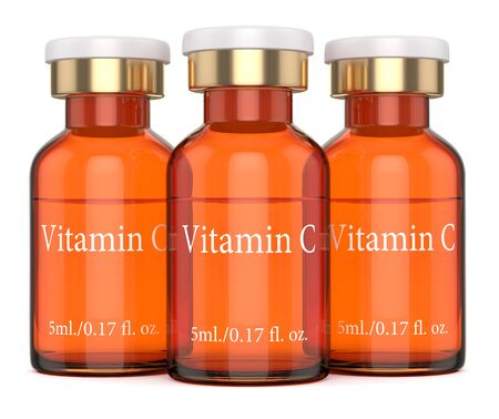 3d render of vitamin C glass bottles with flip off cap over white backgroundの写真素材