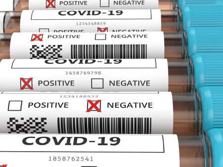 3d render of covid-19 nasal swab laboratory tests in row 