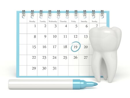 3d render of tooth and calendar with dentist appointment  over white backgroundの写真素材