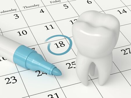 3d render of tooth staying on calendar. The concept of dentist appointment.の写真素材