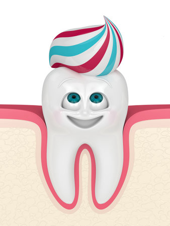 3D render of cartoon in gum Mr Tooth looking at toothpaste. Pediatric dental hygiene concept.の写真素材