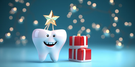Christmas dental banner with happy tooth and place for text over pastel blue background. Generative AI.の素材