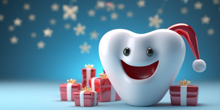 Christmas dental banner with happy tooth and place for text over pastel blue background. Generative AI.の素材