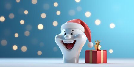 Christmas dental banner with happy tooth and place for text over pastel blue background. Generative AI.の素材