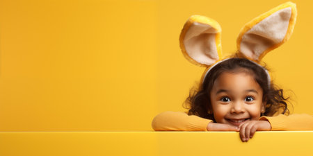 Cute smiling girl wearing Easter bunny costume with empty space for text over yellow backgroundの素材