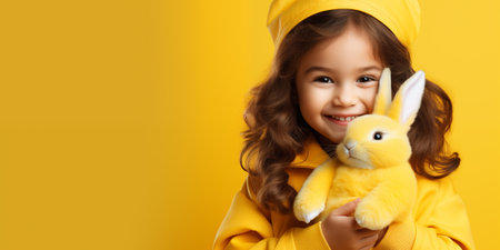 Cute smiling girl holding Easter bunny with empty space for text over yellow backgroundの素材
