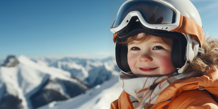 Banner with cute smiling little boy in a ski helmet with mountains copy space as the background. Shallow depth of field.の素材