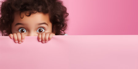 Cute smiling girl hiding behind the poster with empty space for text over pink backgroundの素材