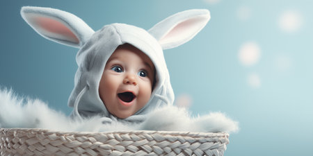 Cute excited child wearing Easter bunny costume in basket. Banner with copy space. Shallow depth of field.の素材