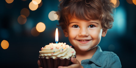 Cute little boy holding birthday cake with candle. Banner with copy space. Shallow depth of field.の素材