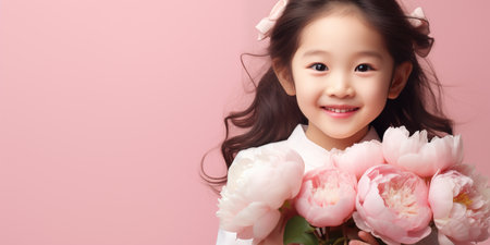 Banner with cute smiling asian girl holding flowers and copyspace.の素材
