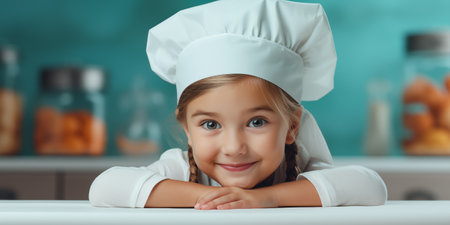 Small cute blonde chef girl in the kitchen. Banner with copyspace. Shallow depth of field.の素材