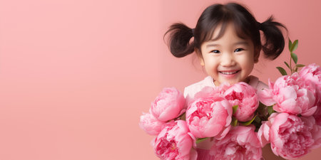 Banner with cute smiling girl holding flowers and copyspace.の素材