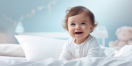 Cute little baby in cozy room. Banner with copy space. Shallow depth of field.の素材
