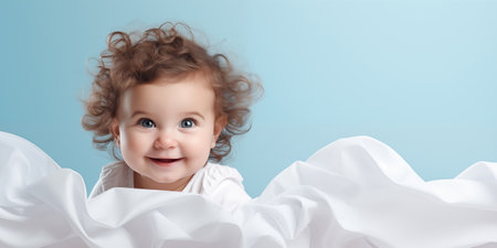 Cute little baby in cozy white bedding. Banner with copy space. Shallow depth of field.の素材