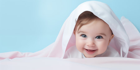 Cute little baby in cozy bed. Banner with copy space. Shallow depth of field.の素材