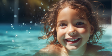 Cute smiling girl swimming in water in tropics. Banner with copyspace. Shallow depth of field.の素材