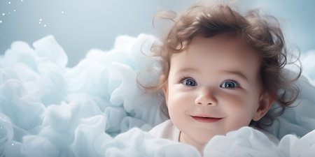 Cute little baby in cozy blanket. Banner with copy space. Shallow depth of field.の素材