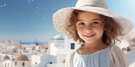 Cute little smiling girl in sun hat on vacation. Banner with copyspace. Shallow depth of field.の素材